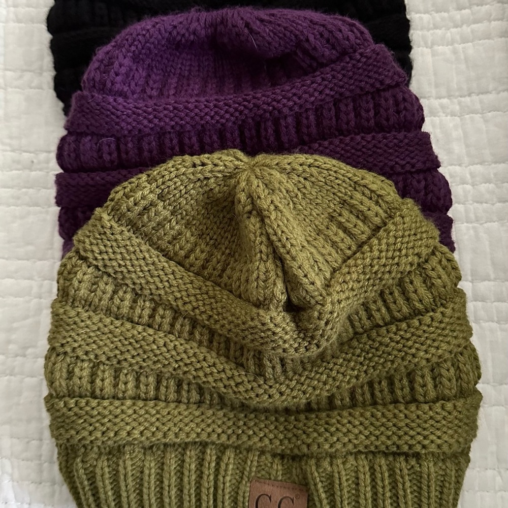 3 Pack of CC Beanies. 2 with ponytail hole. Green does not have ponytail hole.